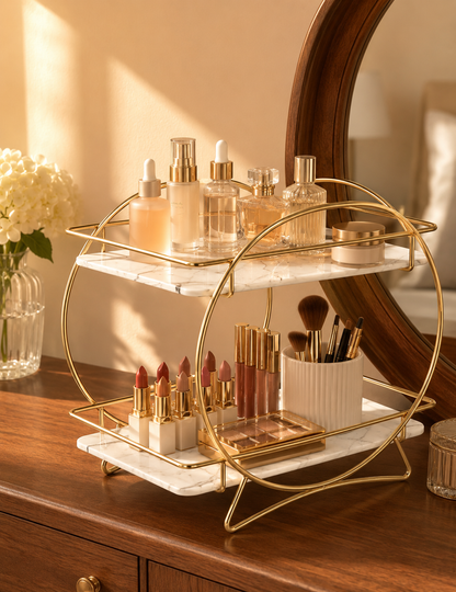 Luxury 2-Tier Golden Round Frame Cosmetic & Makeup Organizer