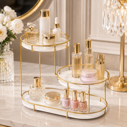 Luxury 3-Tier Gold Cosmetic Organizer Tray – Marble Makeup & Perfume Display Stand