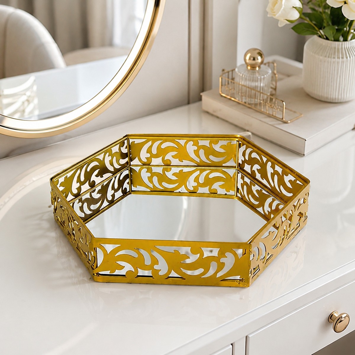 Hexagonal Cosmetics & Serving Mirror Tray – Luxury Vanity Organizer & Decorative Display Tray
