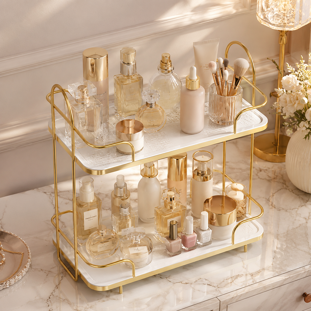 Luxury 2-Tier Gold Cosmetic Organizer Rack – Makeup & Skincare Storage Shelf