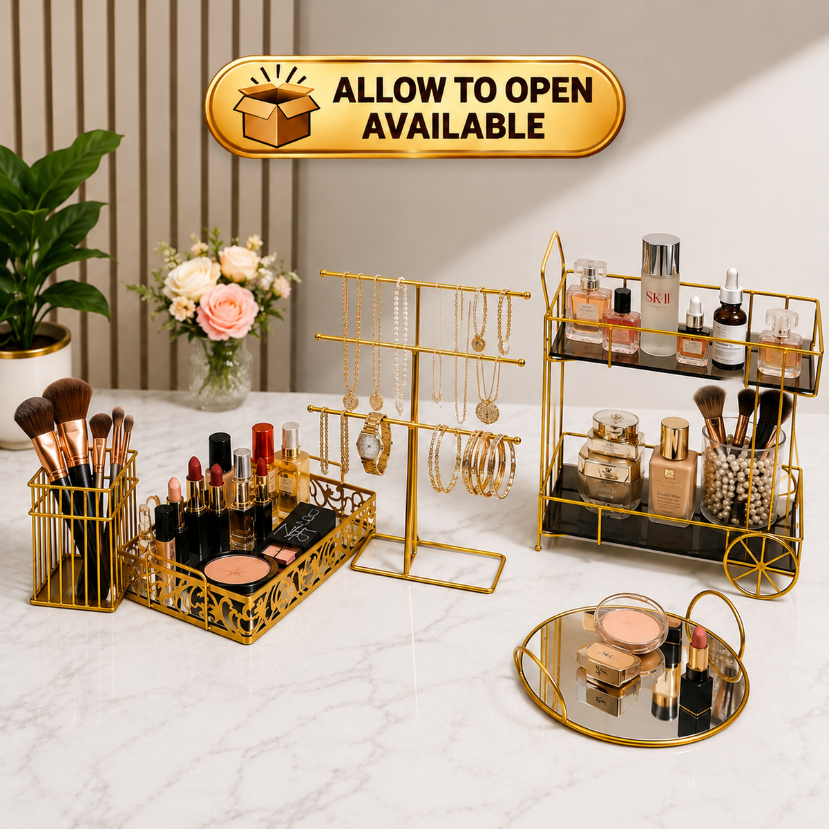 Deal No 5 Luxury Gold Vanity Organizer – 5 Pcs Makeup & Jewelry Storage Set
