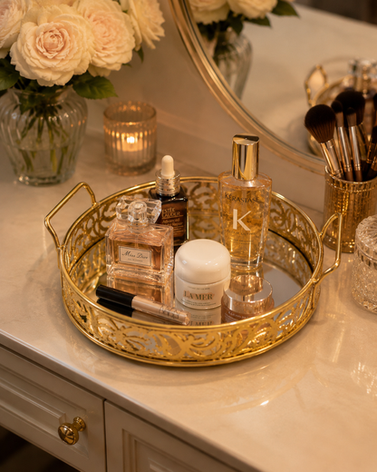 Luxury Golden Round Mirror Tray with Handles