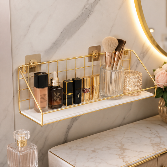 Luxury Gold Wall Mounted Cosmetic Organizer Rack – White & Black Tray