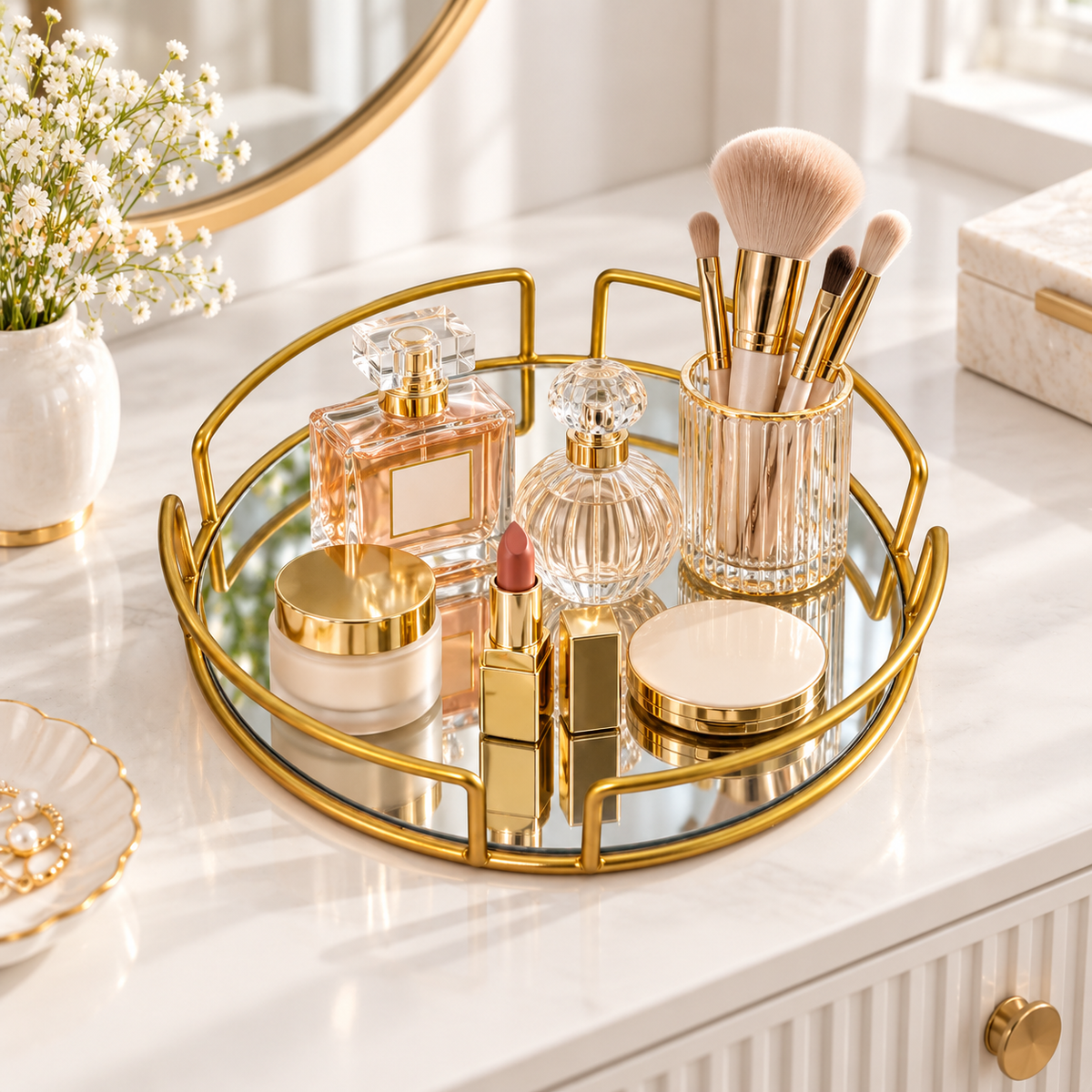 Luxury Gold Round Mirror Cosmetic Organizer Tray