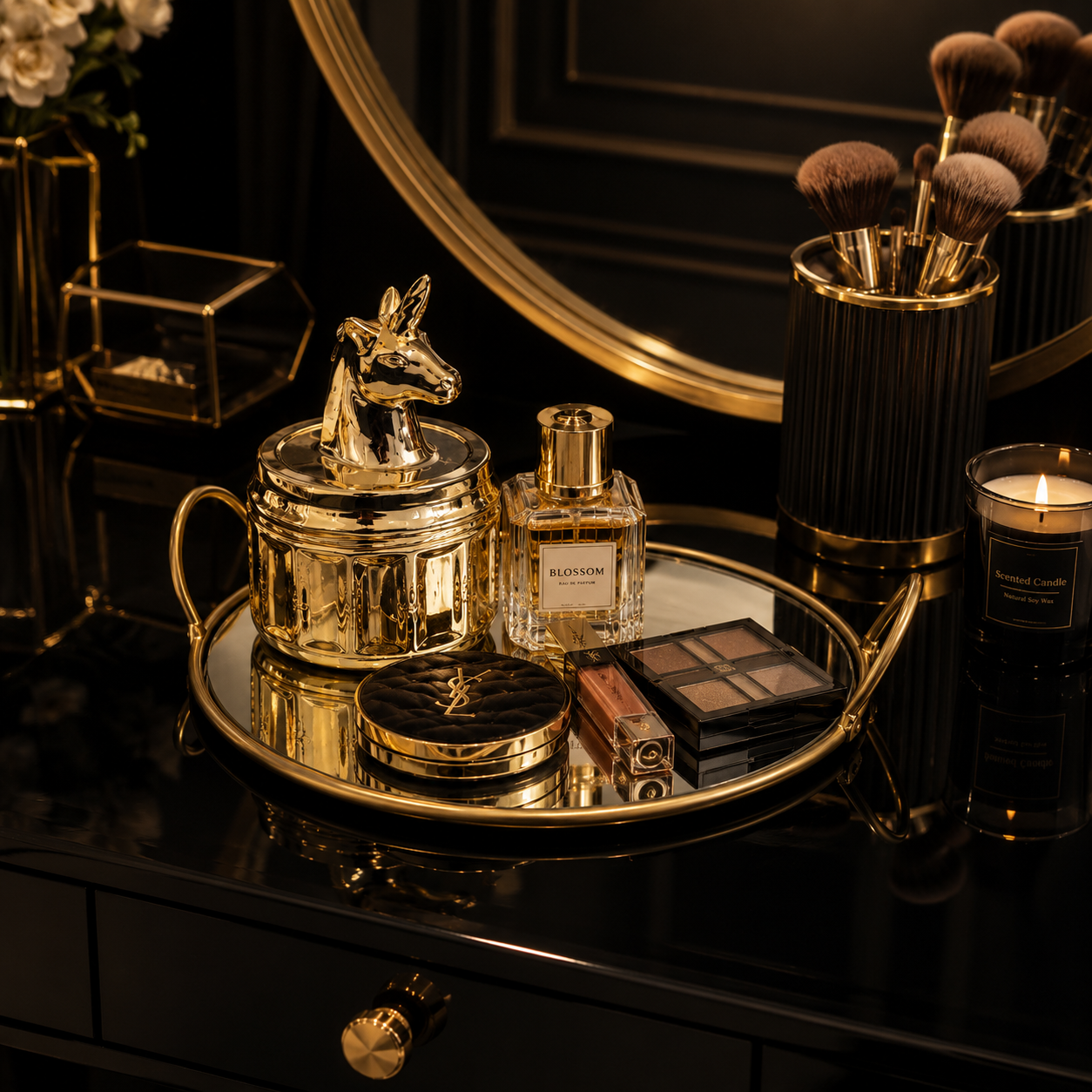 Single Makeup Organizer Round Mirror Tray – Elegant Vanity Storage & Display Tray
