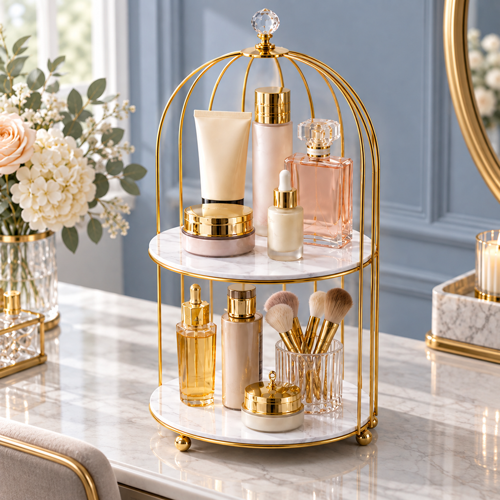 2 Layers Cosmetics Cage Organizer – Stylish Makeup & Skincare Storage Rack