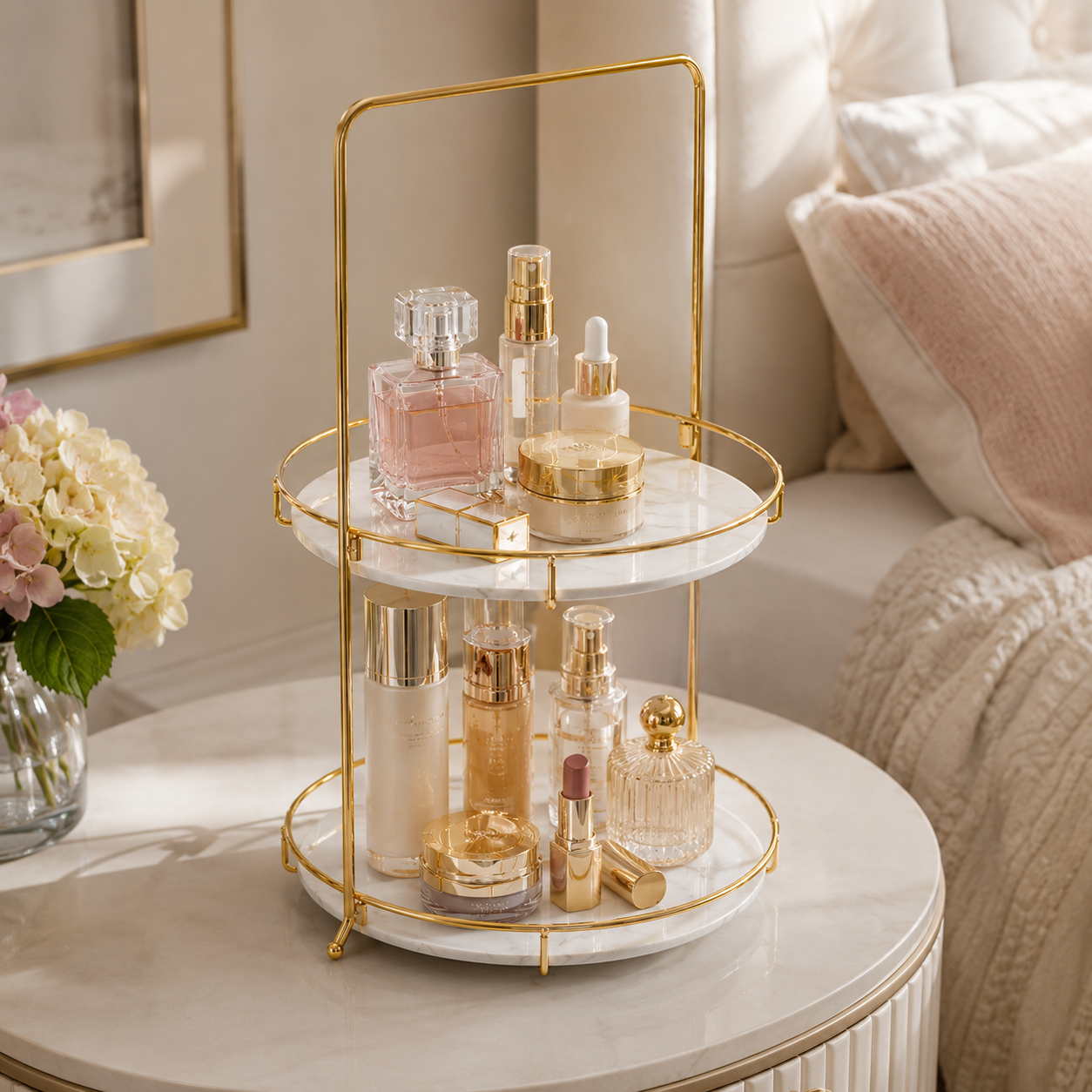 Luxury 2 Tier Black Marble Cosmetic Organizer Tray with Golden Stand