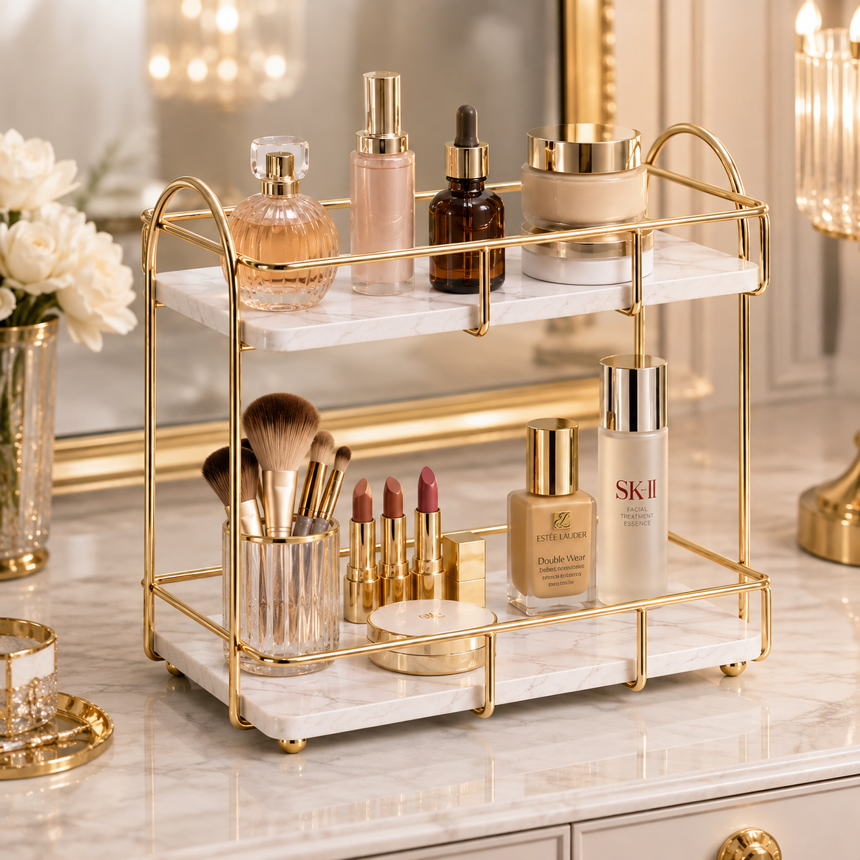 Luxury 2-Tier Golden Cosmetic & Makeup Organizer Rack