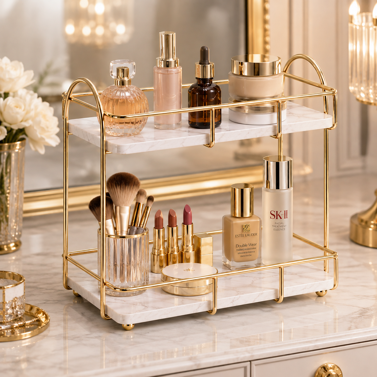 Luxury 2-Tier Golden Cosmetic & Makeup Organizer Rack