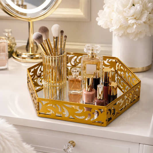 Hexagonal Cosmetics & Serving Mirror Tray – Luxury Vanity Organizer & Decorative Display Tray