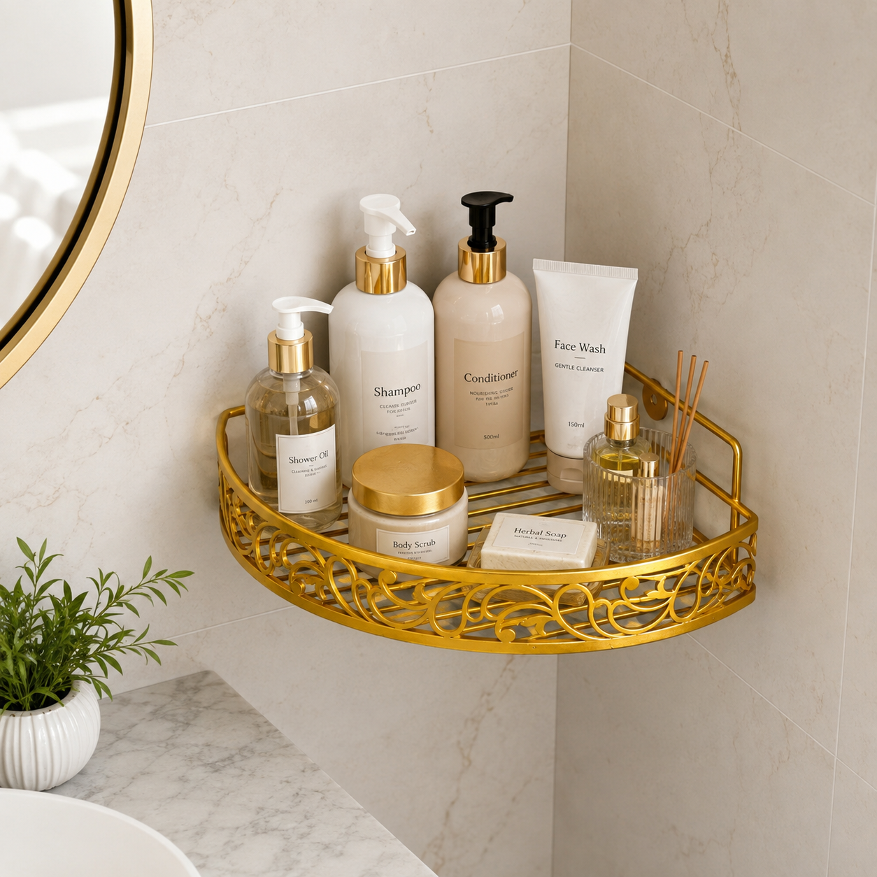 Luxury Golden Wall Mounted Corner Bathroom Organizer Shelf