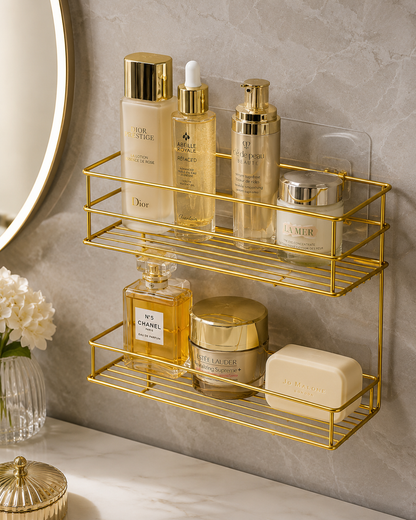 Luxury Gold Wall Mounted 2-Tier Bathroom & Cosmetic Organizer Rack