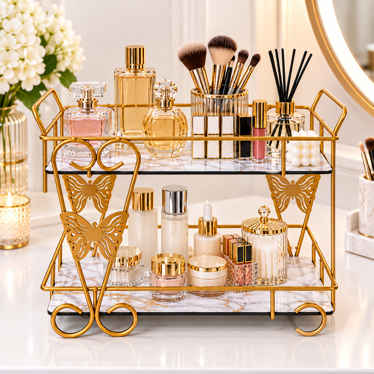 Luxury 2-Tier Golden Butterfly Cosmetic Organizer with Marble Style Trays