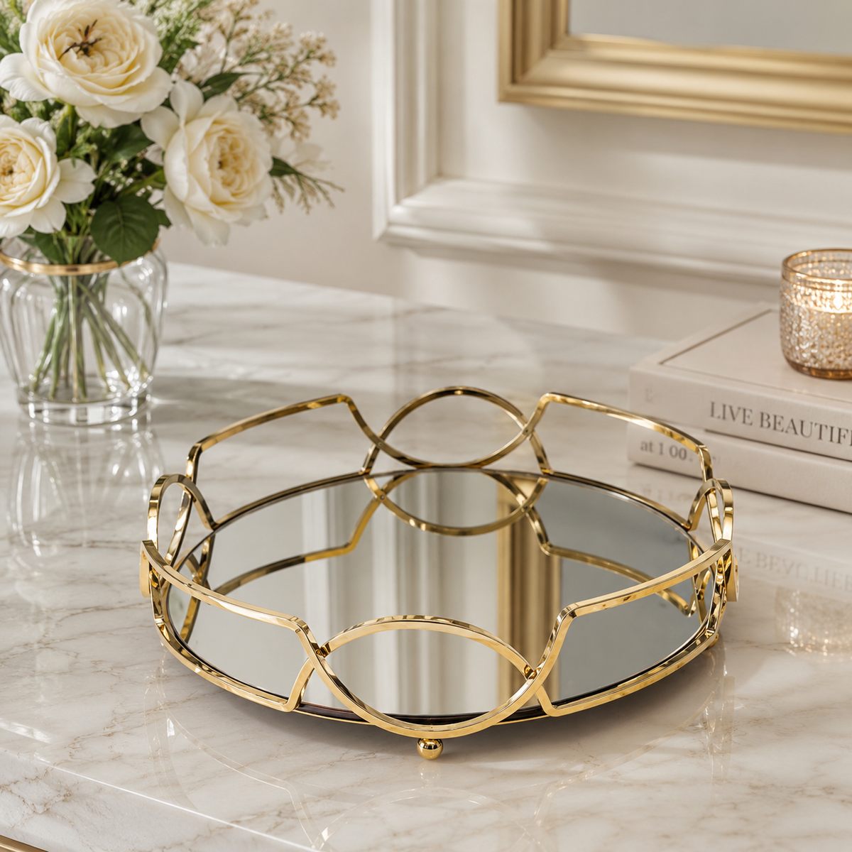 Round Shape Metal & Glass Cosmetics Storage Tray – Elegant Vanity Organizer