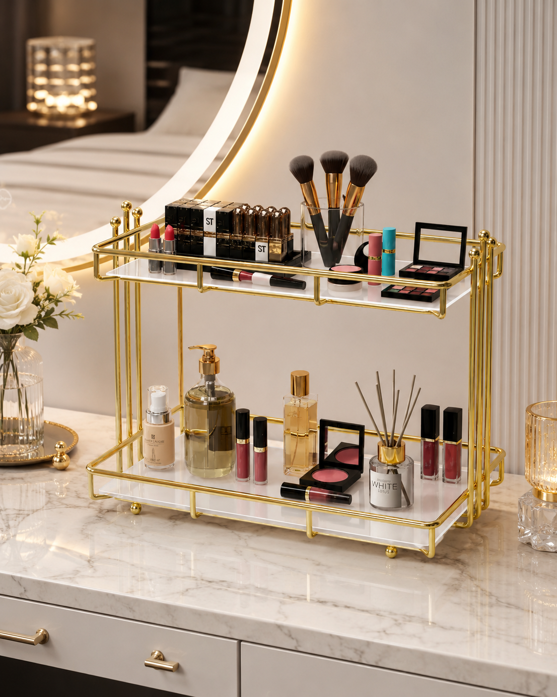 Luxury 2-Tier Gold Cosmetic Organizer Stand – White Tray Makeup & Skincare Rack