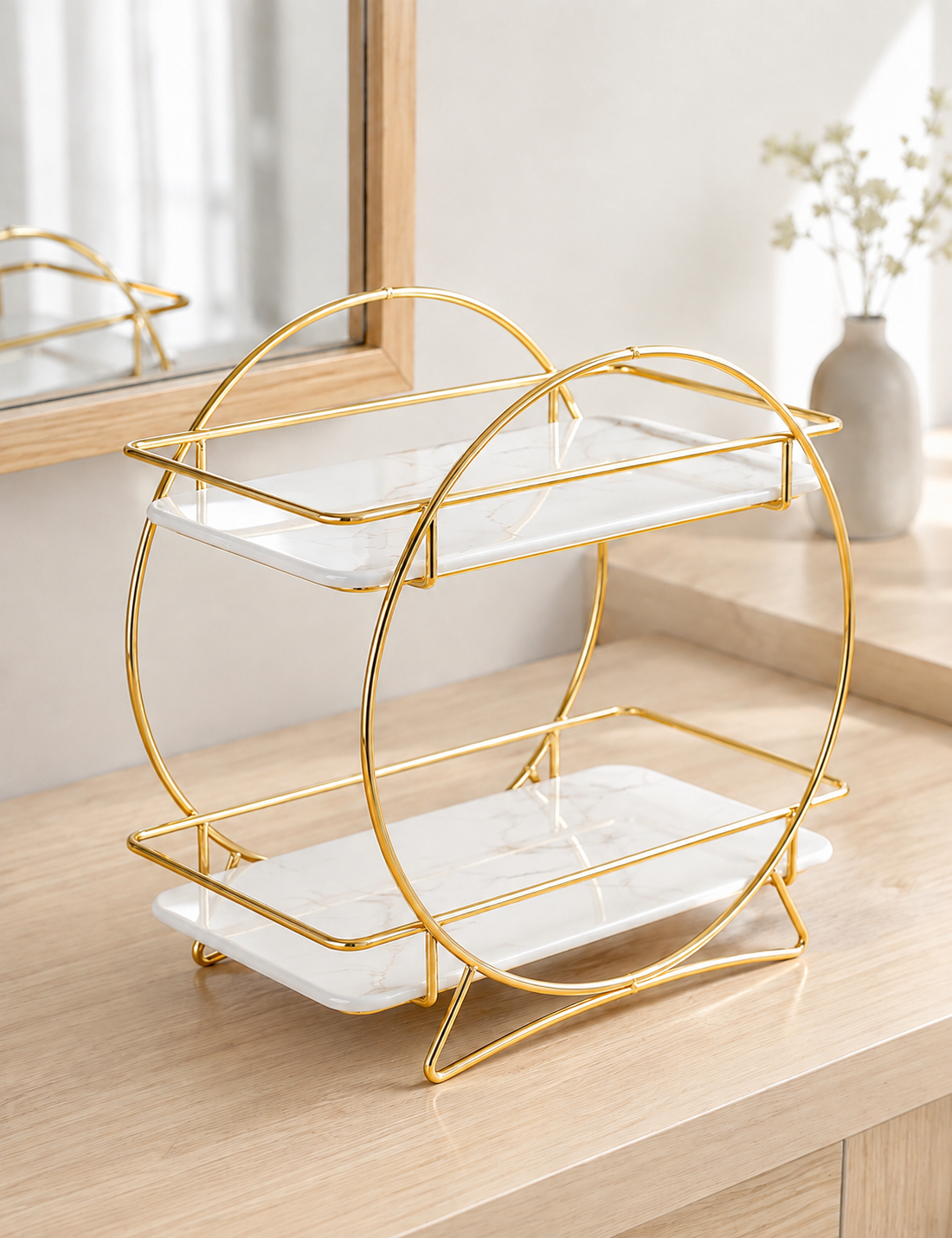 Luxury 2-Tier Golden Round Frame Cosmetic & Makeup Organizer