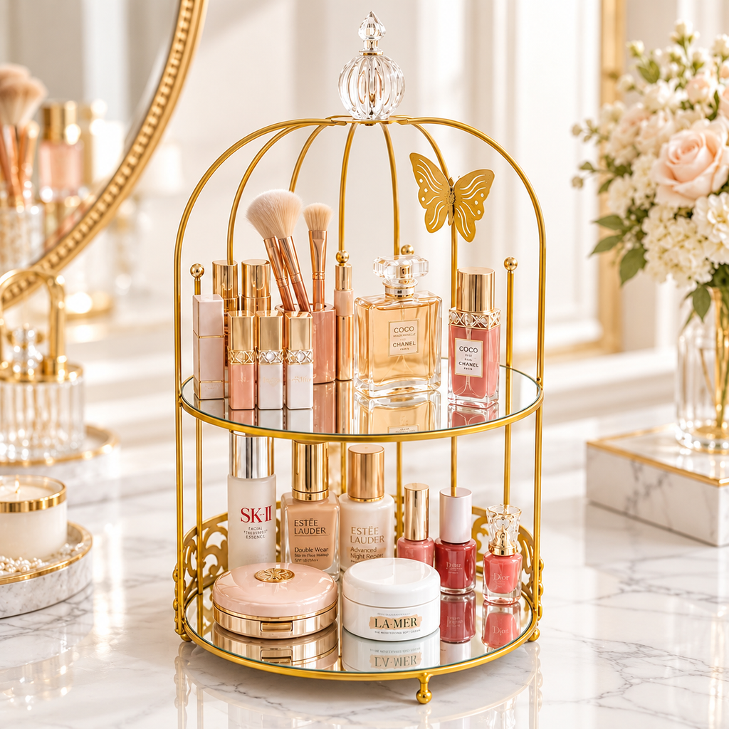 Luxury 2-Tier Golden Butterfly Cosmetic Organizer with Mirror Trays | Premium Makeup & Perfume Storage Stand