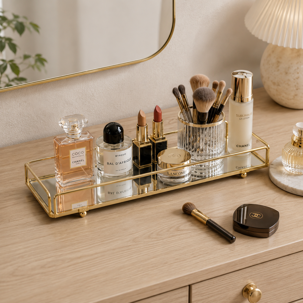 Cosmetics Organizer Tray with Mirror – Elegant Vanity Storage & Decorative Serving Tray for Food Display