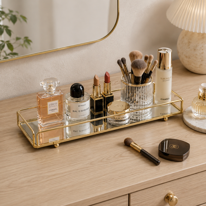 Cosmetics Organizer Tray with Mirror – Elegant Vanity Storage & Decorative Serving Tray for Food Display