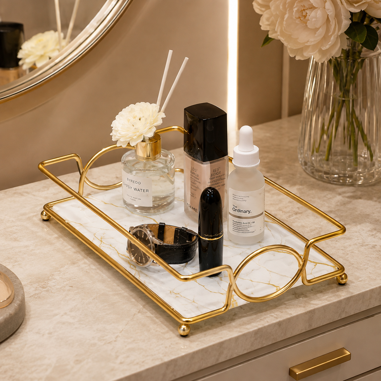 Luxury Golden Marble Vanity Tray – Cosmetic & Perfume Organizer