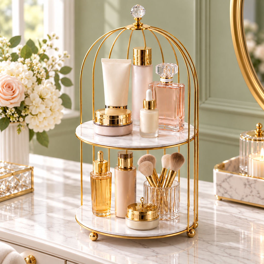 2 Layers Cosmetics Cage Organizer – Stylish Makeup & Skincare Storage Rack