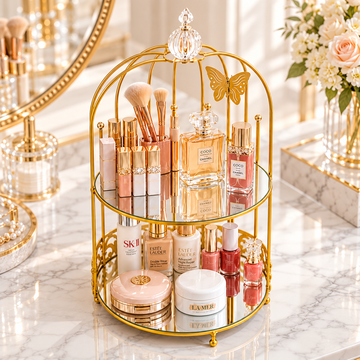 Luxury 2-Tier Golden Butterfly Cosmetic Organizer with Mirror Trays | Premium Makeup & Perfume Storage Stand