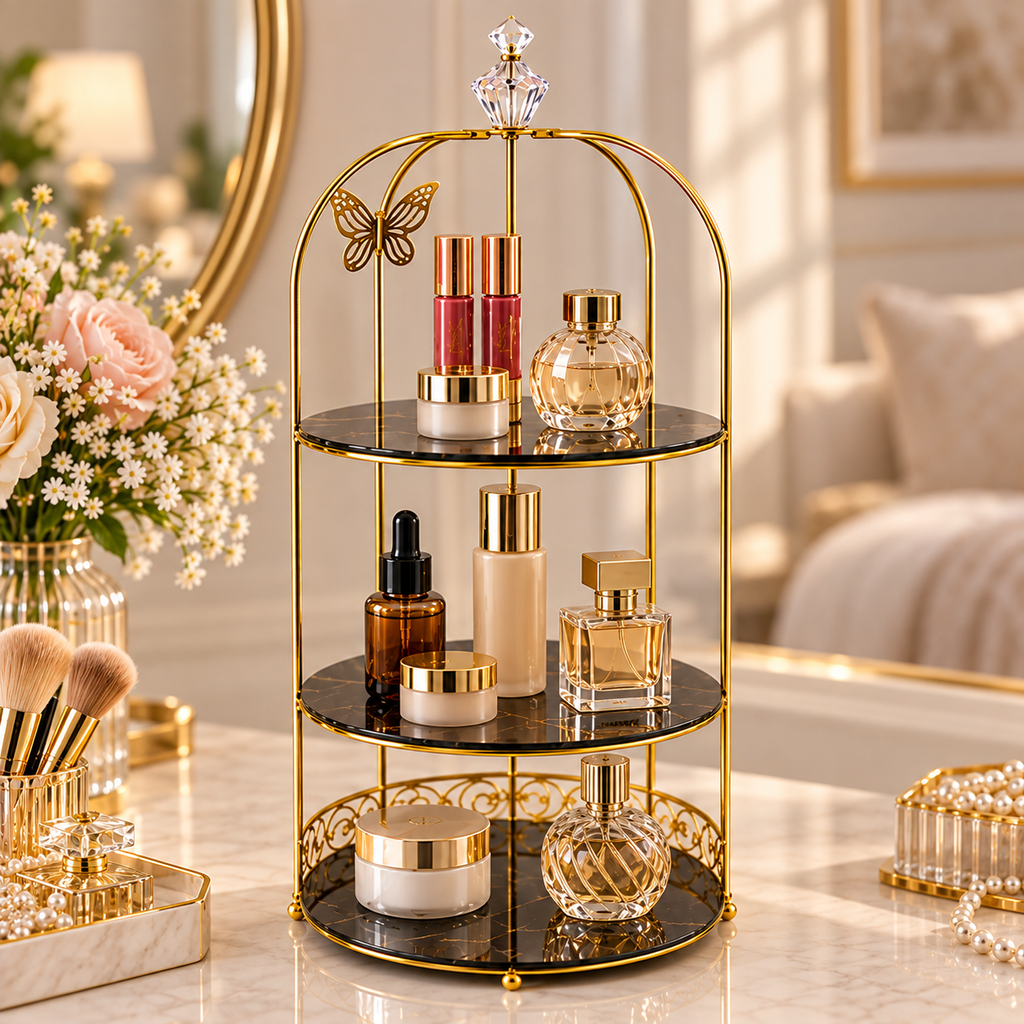 3 Layers Cage Cosmetics Storage Organizer – Multi-Tier Makeup & Skincare Storage Rack for Vanity, Bathroom & Dressing Table
