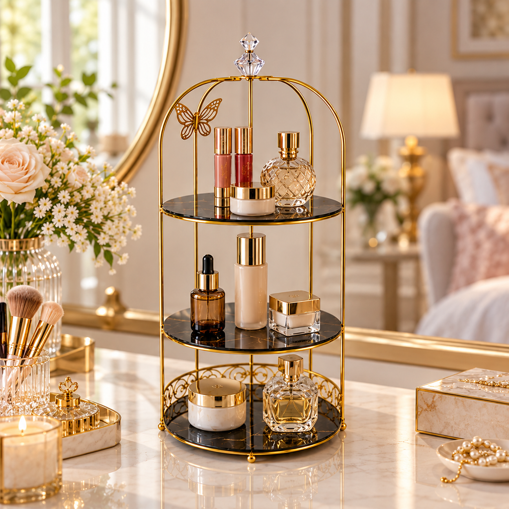 3 Layers Cage Cosmetics Storage Organizer – Multi-Tier Makeup & Skincare Storage Rack for Vanity, Bathroom & Dressing Table