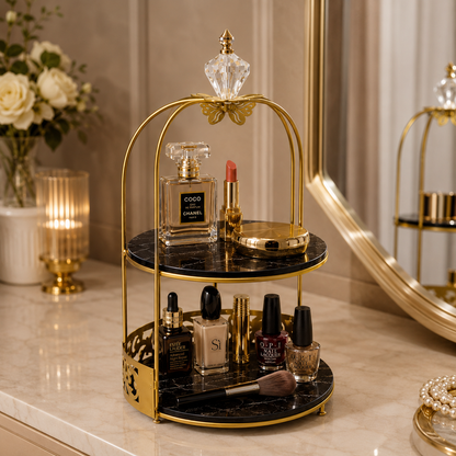 Butterfly 2 Layers Vanity Cage Organizer – Elegant Gold Makeup & Perfume Storage Stand