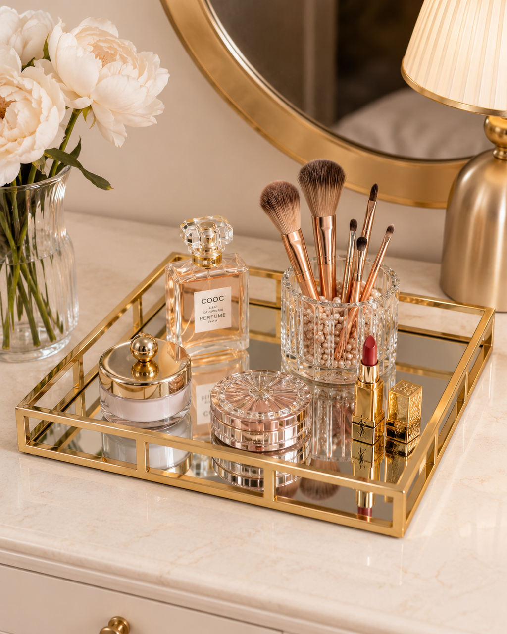 Luxury Gold Mirror Tray – Cosmetic & Perfume Organizer