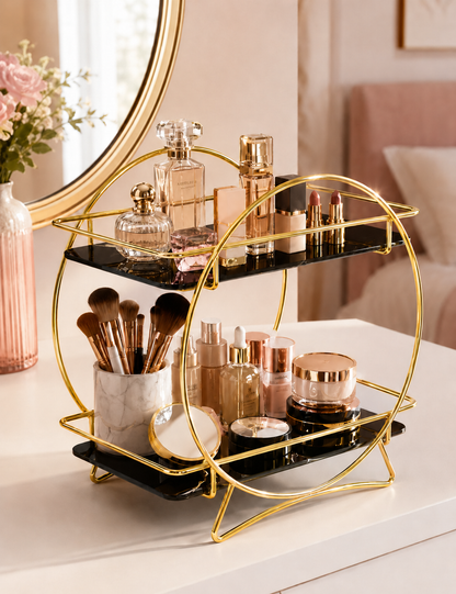 Luxury 2-Tier Golden Round Frame Cosmetic & Makeup Organizer