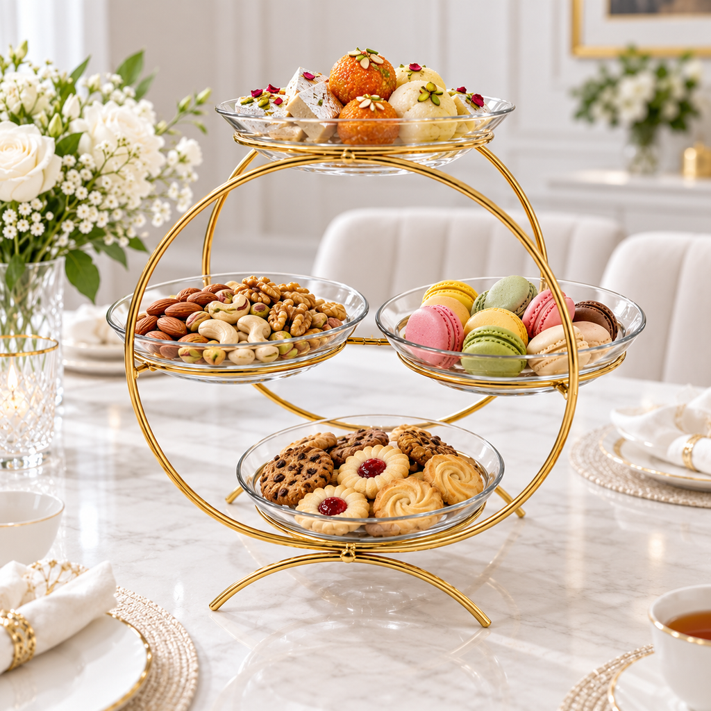 Luxury Golden 4-Tier Serving Stand without Plates Elegant Round Fruit, Dry Fruit & Dessert Organizer 🌟🌟🌟🌟🌟