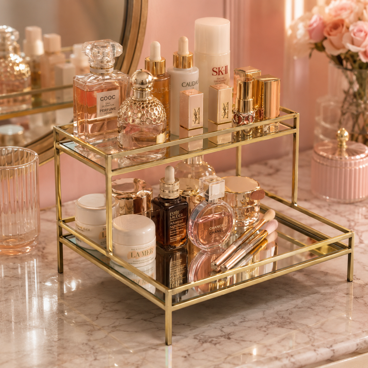 Luxury 2-Tier Golden Rectangular Cosmetic & Perfume Organizer