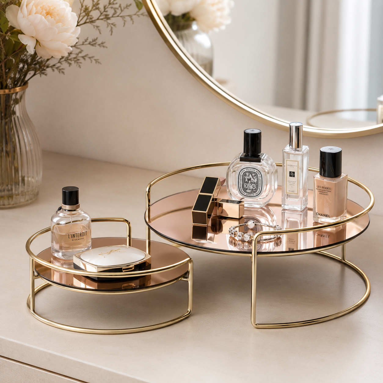 Luxury Golden Round Mirror Cosmetic & Jewelry Organizer Tray Set