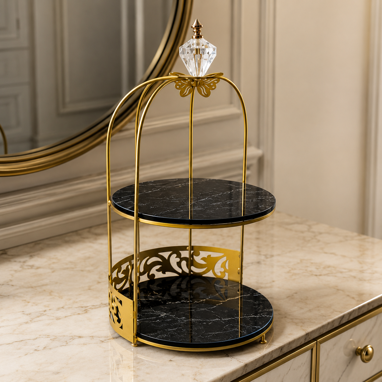 Butterfly 2 Layers Vanity Cage Organizer – Elegant Gold Makeup & Perfume Storage Stand