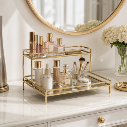 Luxury 2-Tier Golden Rectangular Cosmetic & Perfume Organizer