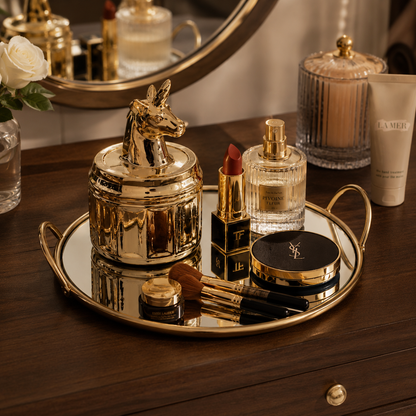 Single Makeup Organizer Round Mirror Tray – Elegant Vanity Storage & Display Tray
