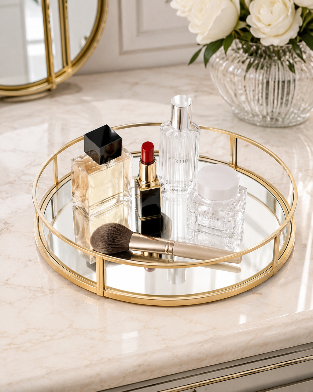 Luxury Gold Round Mirror Tray – Cosmetic & Perfume Organizer