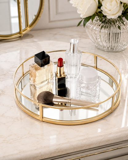 Luxury Gold Round Mirror Tray – Cosmetic & Perfume Organizer