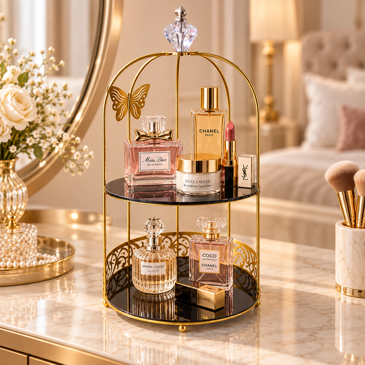 Butterfly 2 Layers Vanity Cage Organizer – Elegant Gold Makeup & Perfume Storage Stand