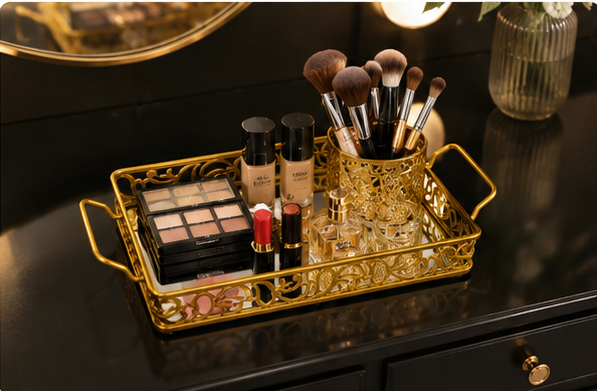 Luxury Golden Rectangular Mirror Tray with Handles