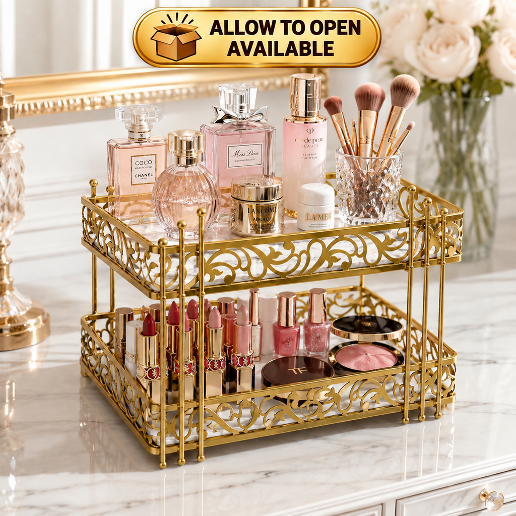 Luxury 2-Tier Gold Cosmetic Organizer Tray – White & Black Marble Design