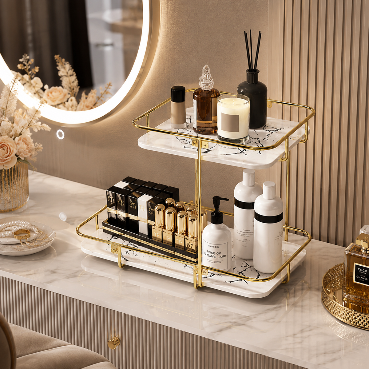 Luxury 2-Tier Golden Marble Cosmetic Organizer Rack