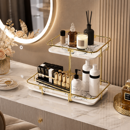 Luxury 2-Tier Golden Marble Cosmetic Organizer Rack