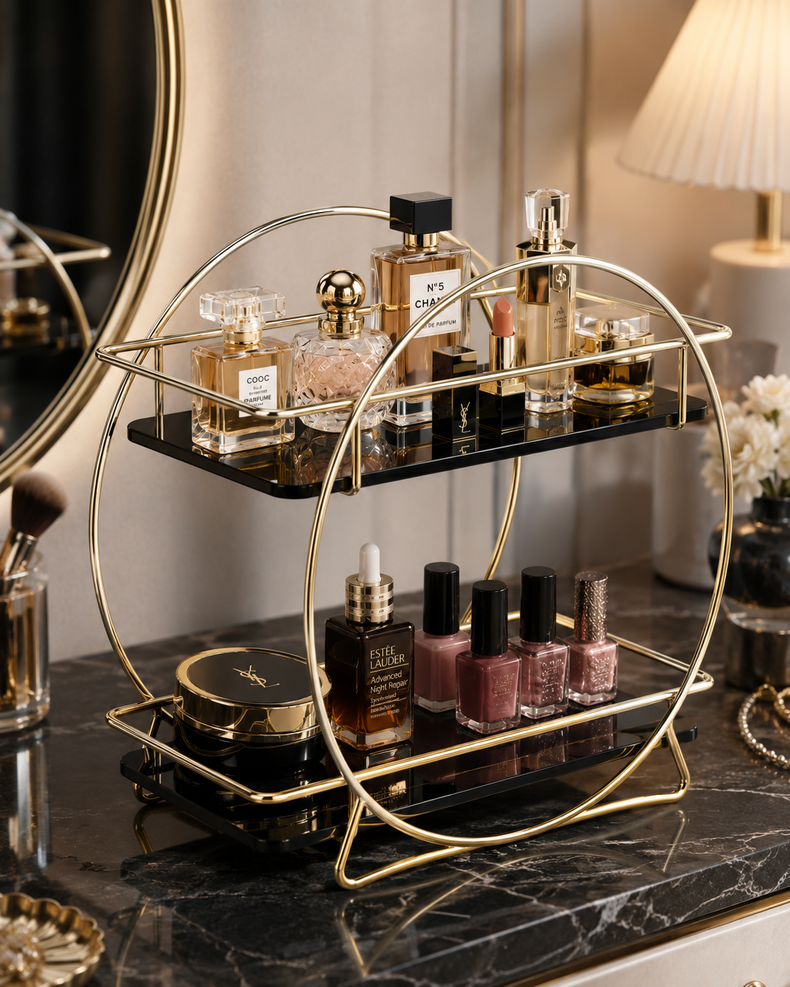 Luxury 2-Tier Round Frame Cosmetic Organizer Stand – Gold Metal Vanity Shelf