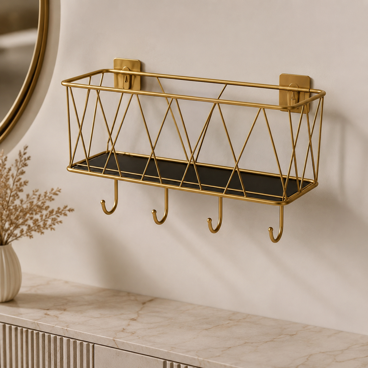Luxury Gold Wall Mounted Cosmetic Organizer Shelf with Hooks