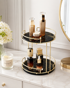 Luxury 2-Tier Cosmetic Organizer Stand – Gold Frame with Black & White Tray