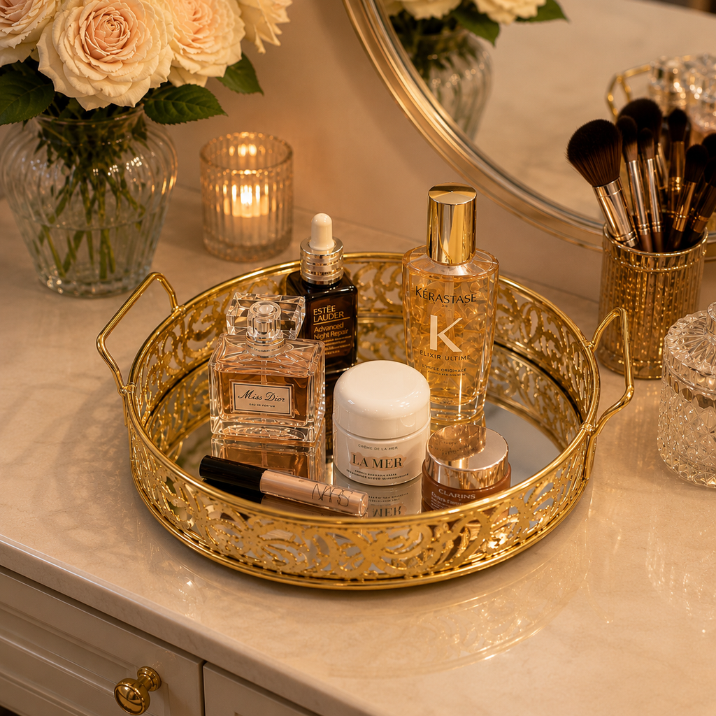 Luxury Golden Round Mirror Tray with Handles