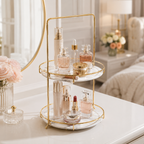 Luxury 2 Tier Black Marble Cosmetic Organizer Tray with Golden Stand