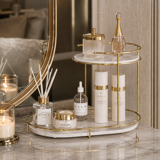 Luxury 2-Tier Golden Marble Cosmetic Organizer Stand